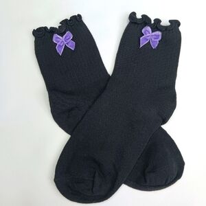Black Lettuce Ruffle Crew Cut Socks with Purple Velvet Bow.